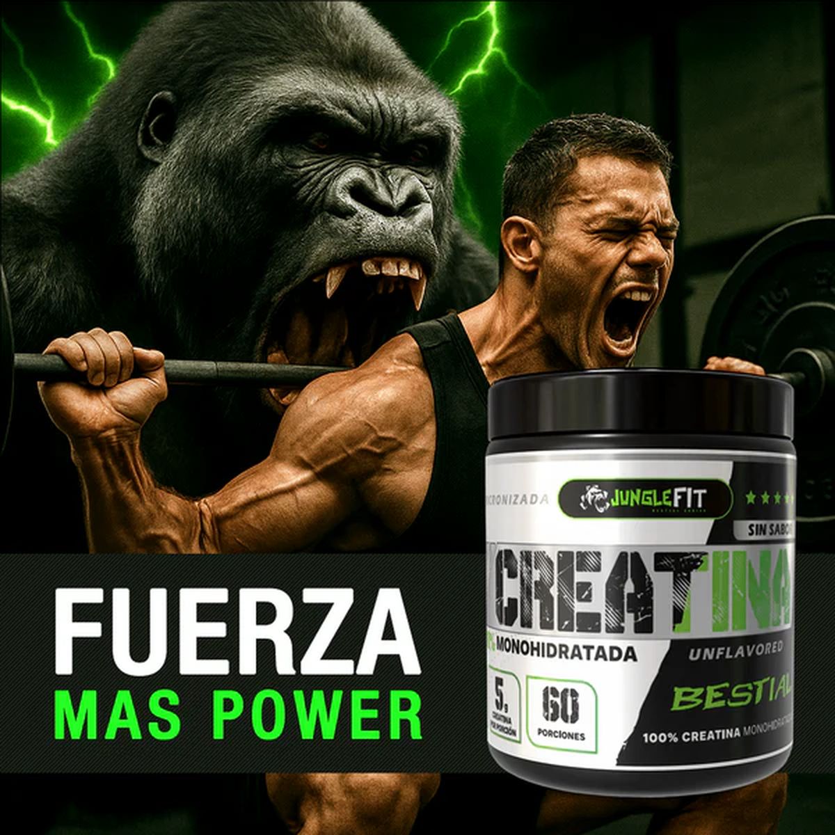 SUPRALABS - Creatina Monohidratada 300g JungleFit 60 Porciones Alta Pureza