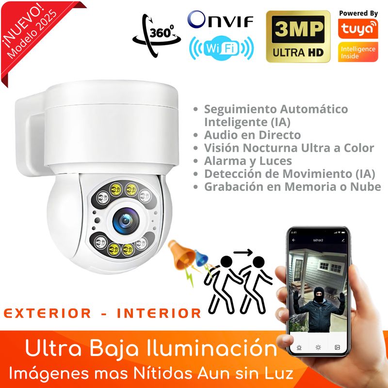 D MOTICA - Cámara Wifi Inteligente Móvil con Visión Nocturna Ultra-Color 3MP