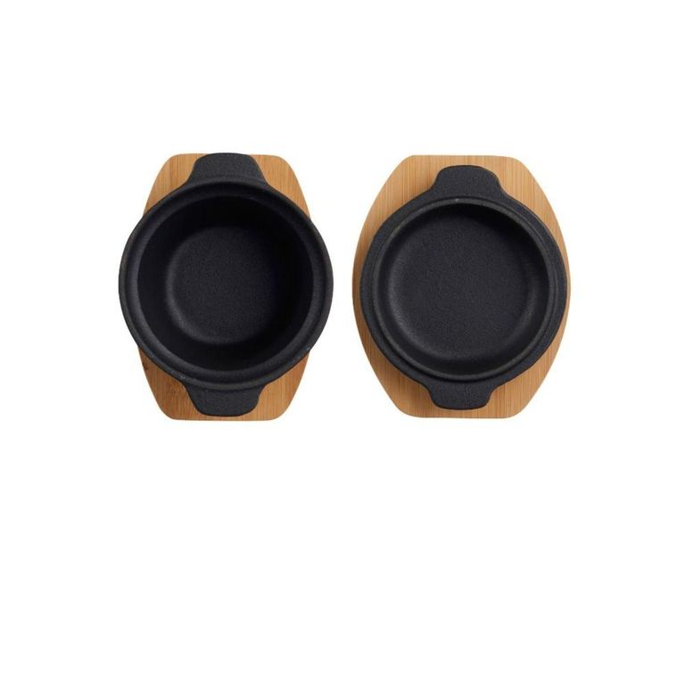 Set de 2 Fuentes de Fierro Fundido + Tabla de Bambu