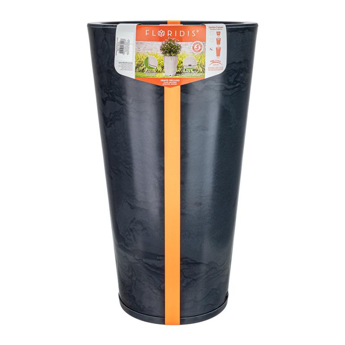 FLORIDIS - MACETERO FLORIDIS NEGRO EFECTO MARMOL GENEBRA 80CM ALTO CON PLATO