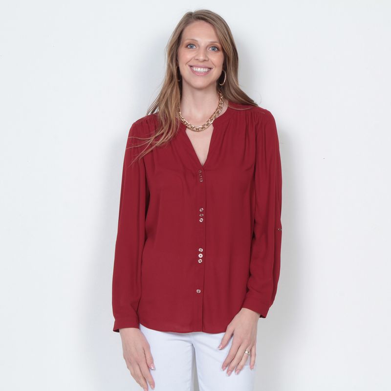WADOS - BLUSA MANGA LARGA SOLIDA ESCOTE MAO ABOTONADA EN DELANTERO