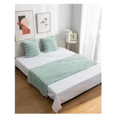 ALMA & DECO - Set Piecera Premium + 2 Fundas Cojín Piel Conejo Canelón Verde