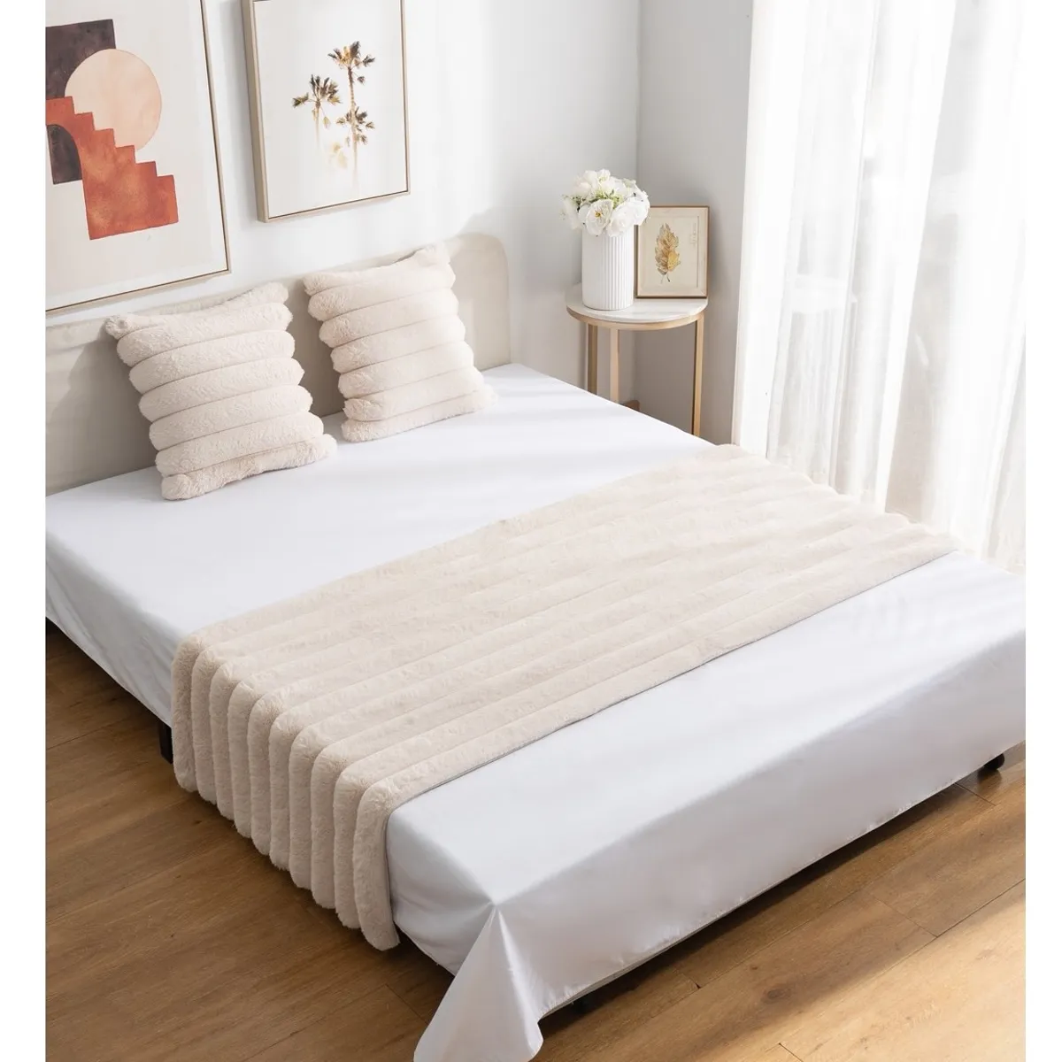 ALMA & DECO - Set Piecera Premium + 2 Fundas Cojín Piel Conejo Canelón Beige