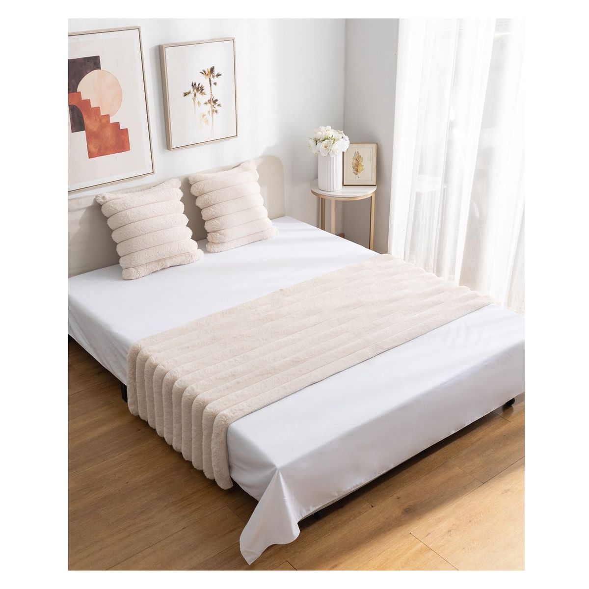 ALMA & DECO - Set Piecera Premium + 2 Fundas Cojín Piel Conejo Canelón Beige