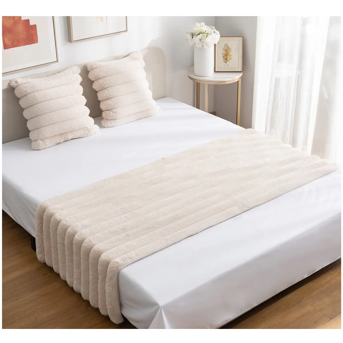ALMA & DECO - Set Piecera Premium + 2 Fundas Cojín Piel Conejo Canelón Beige