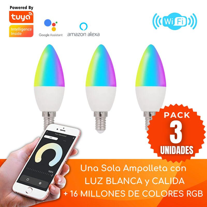 D MOTICA - Pack 3 Ampolletas E14 Wifi Inteligente 5W 220v Blancos + Colores RGB