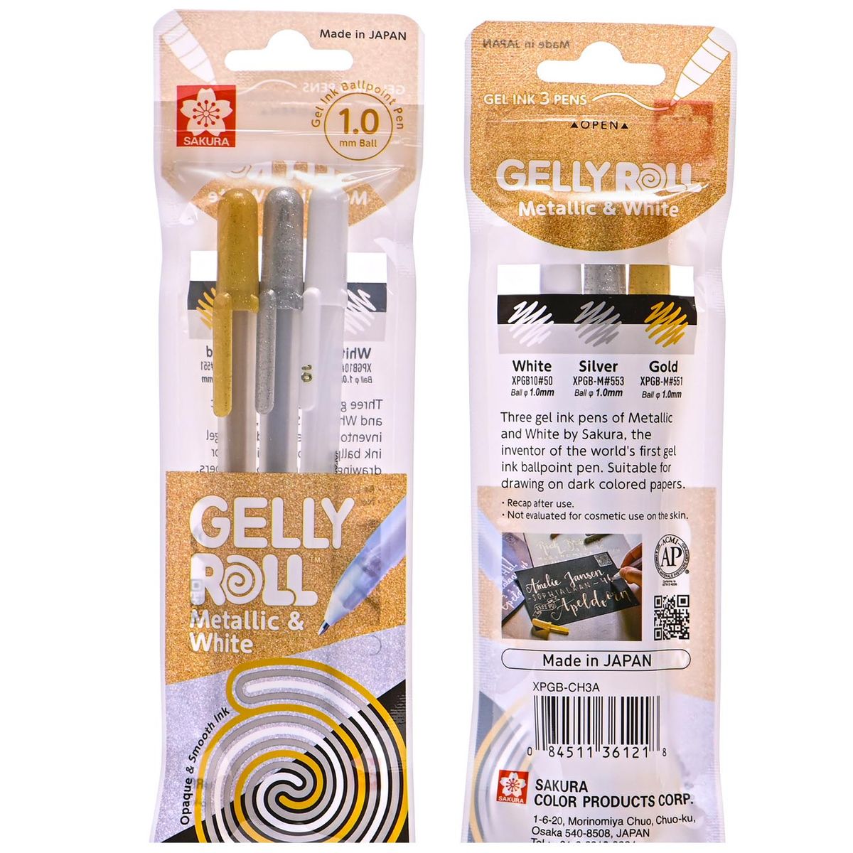 SAKURA - Set lápices gel Gelly Roll 3 Colores (Oro, Plata y Blanco)