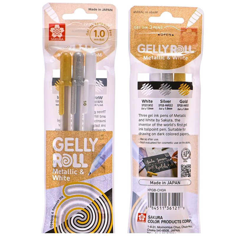 SAKURA - Set lápices gel Gelly Roll 3 Colores (Oro, Plata y Blanco)