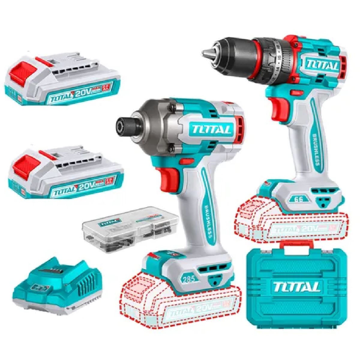 TOTAL TOOLS - Kit Atornillador De Impacto+ Taladro 20v 2bat+ Carg Total