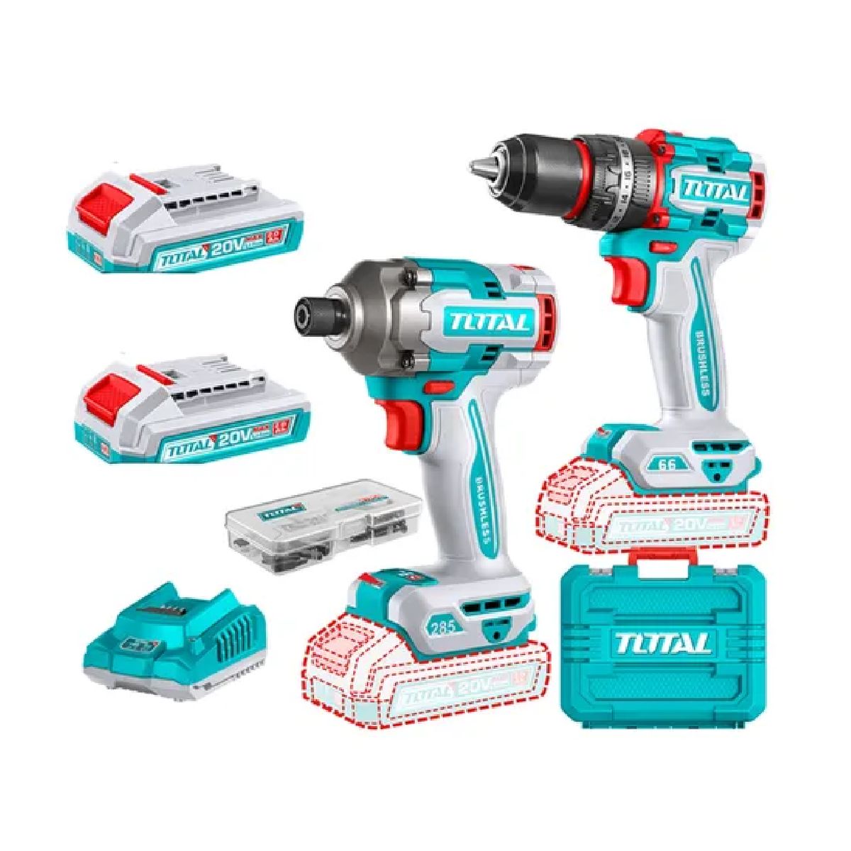 TOTAL TOOLS - Kit Atornillador De Impacto+ Taladro 20v 2bat+ Carg Total