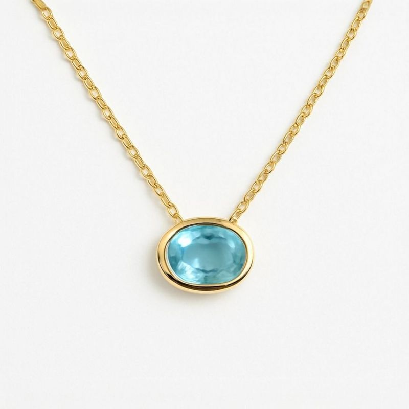 GENERICO - Collar Oval Biselado Circón Agua Marina Baňo de Oro