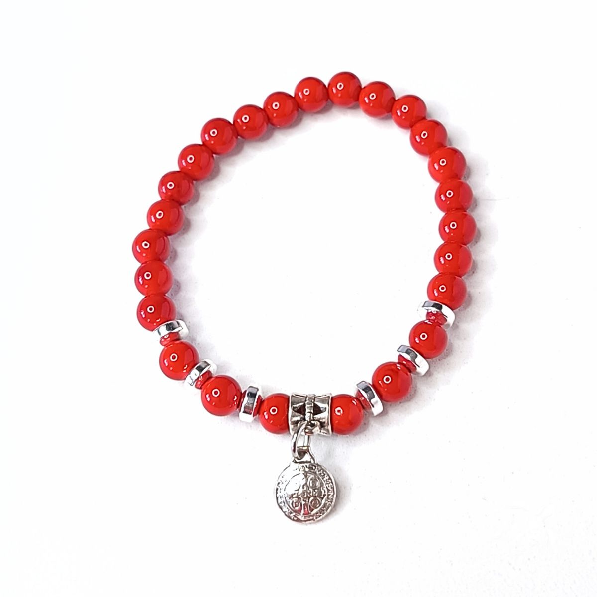 GENERICO - Pulsera de Coral Rojo con dije San Benito