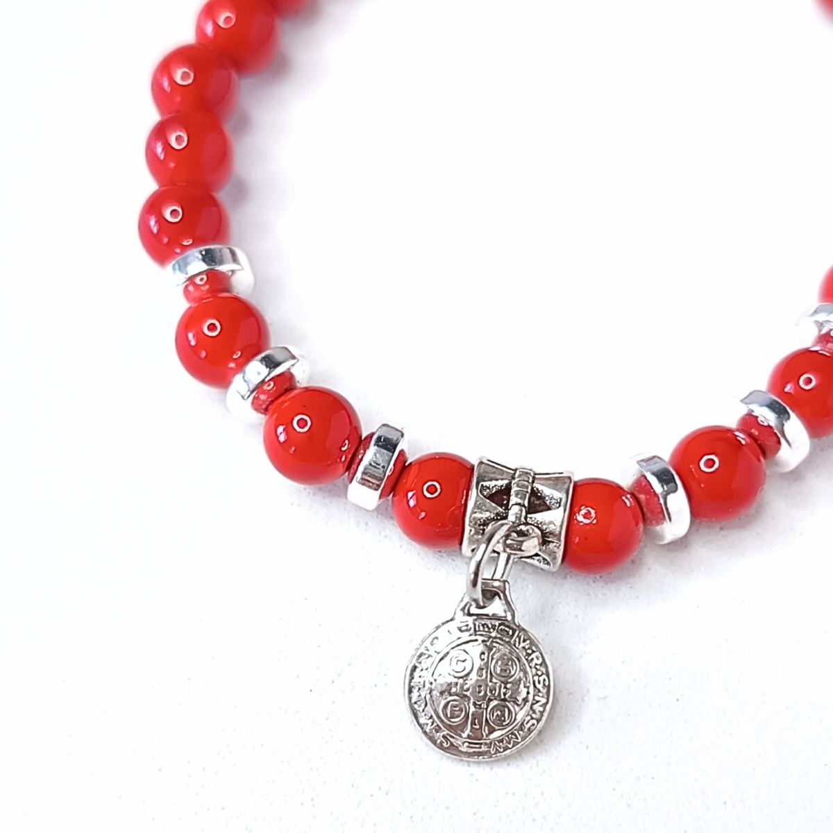 GENERICO - Pulsera de Coral Rojo con dije San Benito