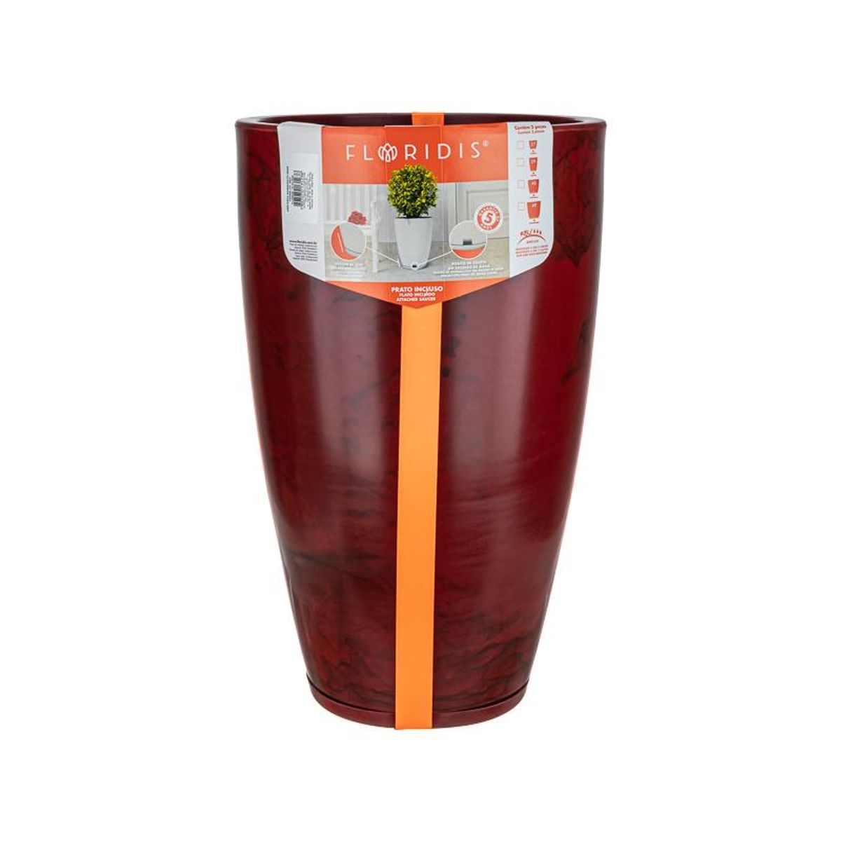 FLORIDIS - MACETERO FLORIDIS ROJO EFECTO MARMOL AMSTERDAM 65CM ALTO CON PLATO