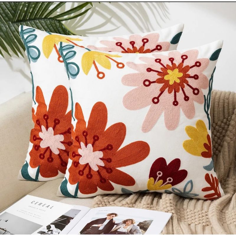 GENERICO - Pack 2 Fundas de Cojines Bordadas de Flores de 45x45