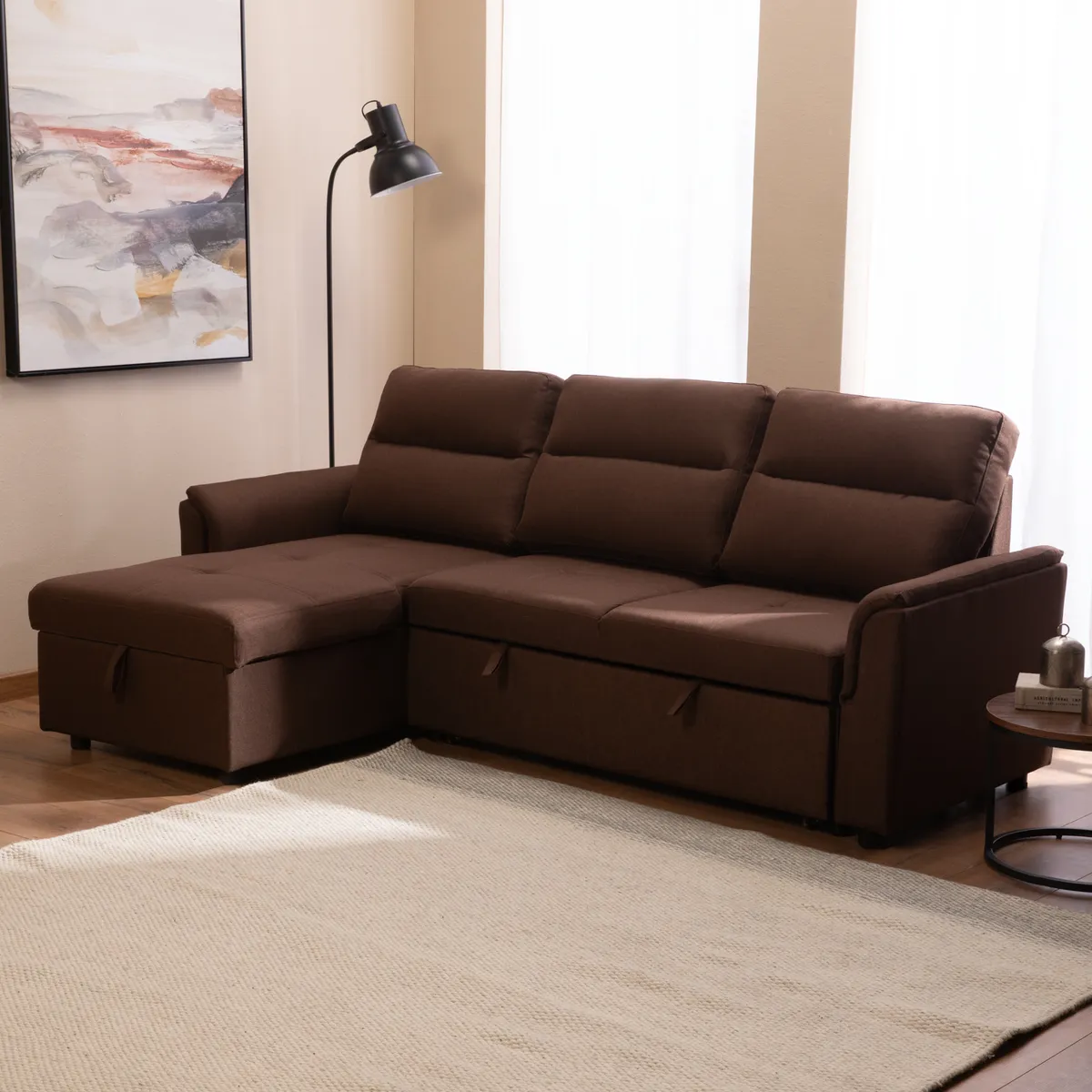 DANIELS - Sofá Seccional Cama 2 Plazas Tela Lino Café New Sidney