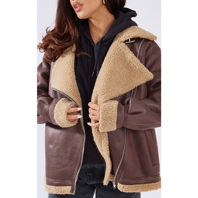 VELT - Chaqueta Larga Café Cuerina Con Chiporro Blanco Mujer Invierno