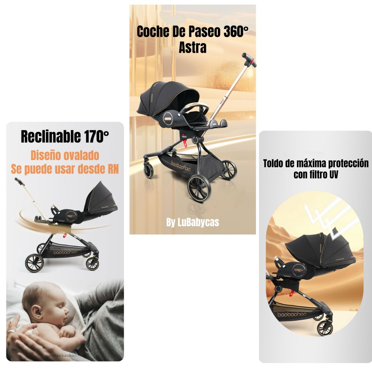 LUBABYCAS - Coche De Paseo 360° Reclinable Astra Negro LuBabycas