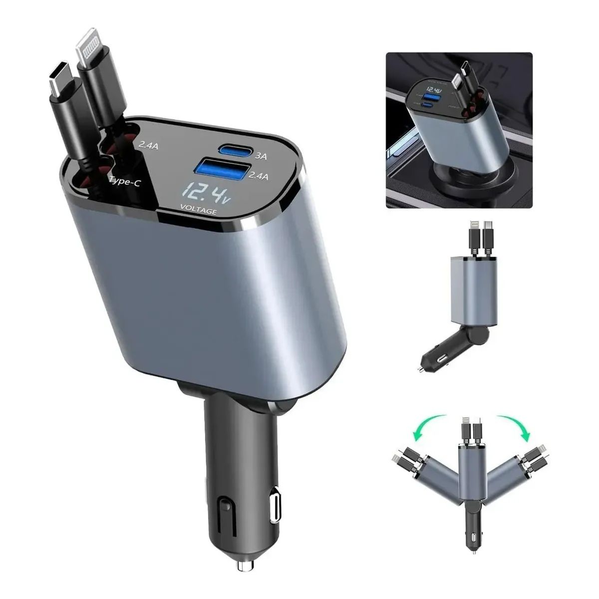 KUANGYE - Cargador Retráctil Para Coche Usb C 4 En 1 De 60 W