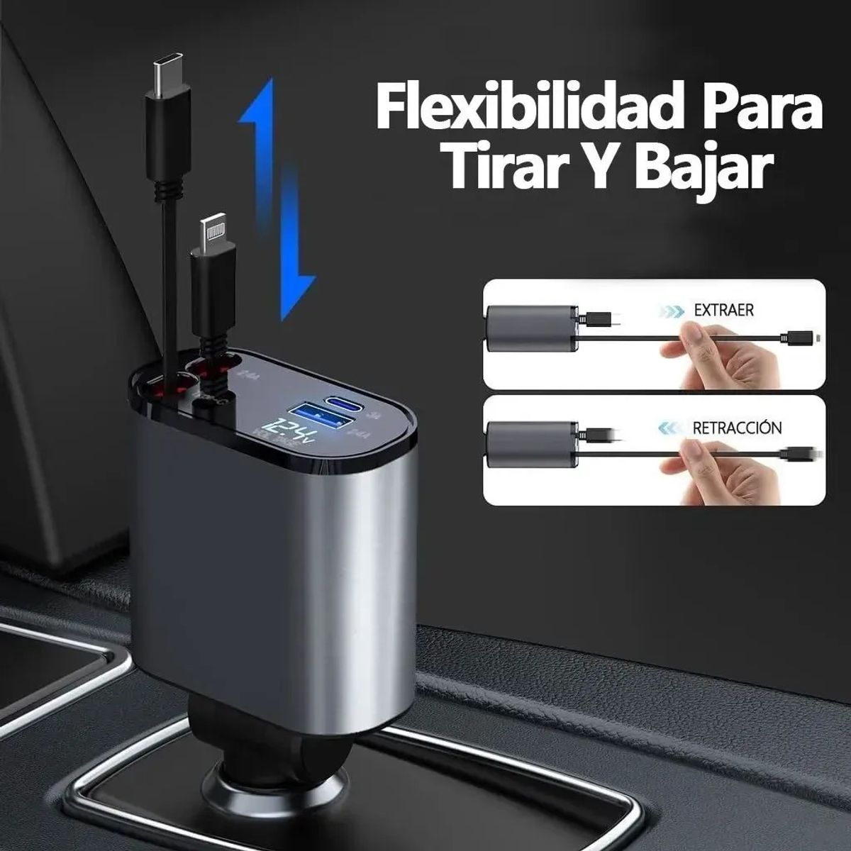KUANGYE - Cargador Retráctil Para Coche Usb C 4 En 1 De 60 W