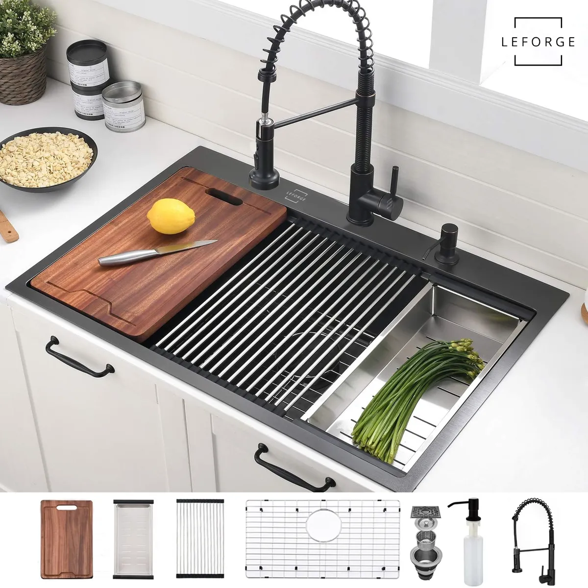 LEFORGE - Combo Lavaplatos Empotrado 75x45cm Acero Inoxidable Negro