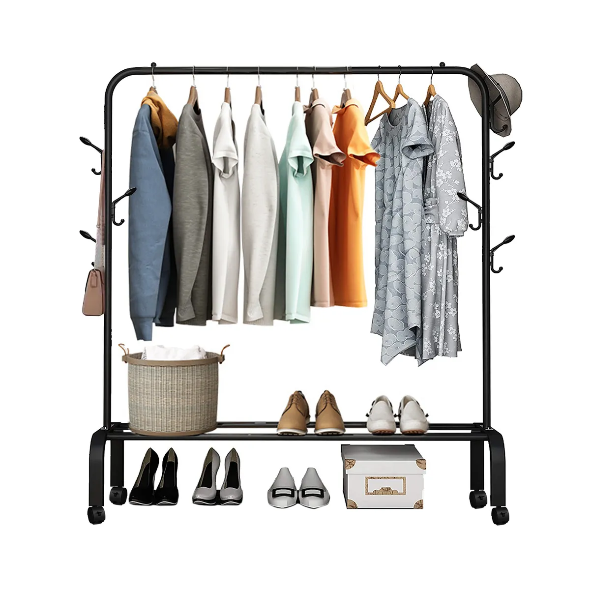 VIDITA - Perchero Organizador Colgante Metálico con Ruedas y Estante 25mm Negro
