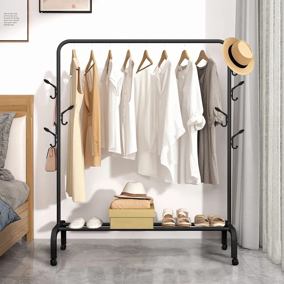 VIDITA - Perchero Organizador Colgante Metálico con Ruedas y Estante 25mm Negro