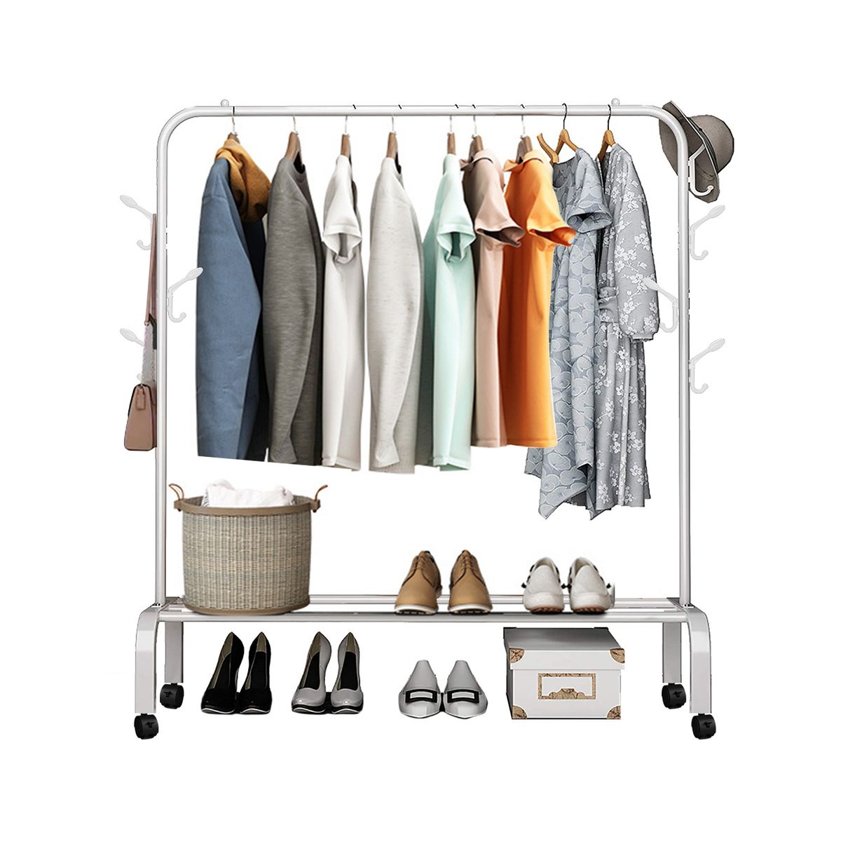 VIDITA - Perchero Organizador Colgante Metálico con Ruedas y Estante 25mmBlanco