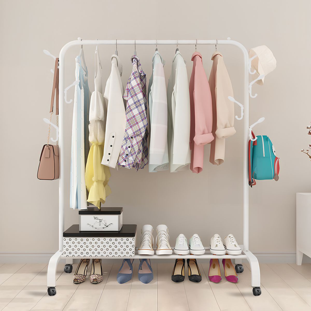 VIDITA - Perchero Organizador Colgante Metálico con Ruedas y Estante 25mmBlanco