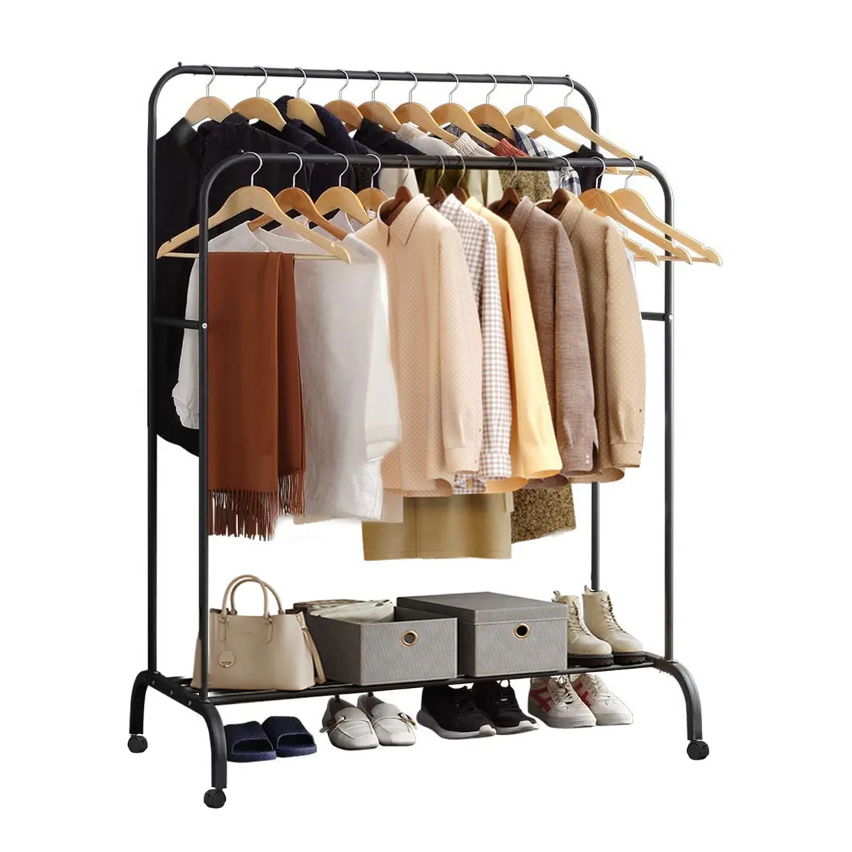 VIDITA - Perchero Organizador Doble Barra con Ruedas y Repis Negro