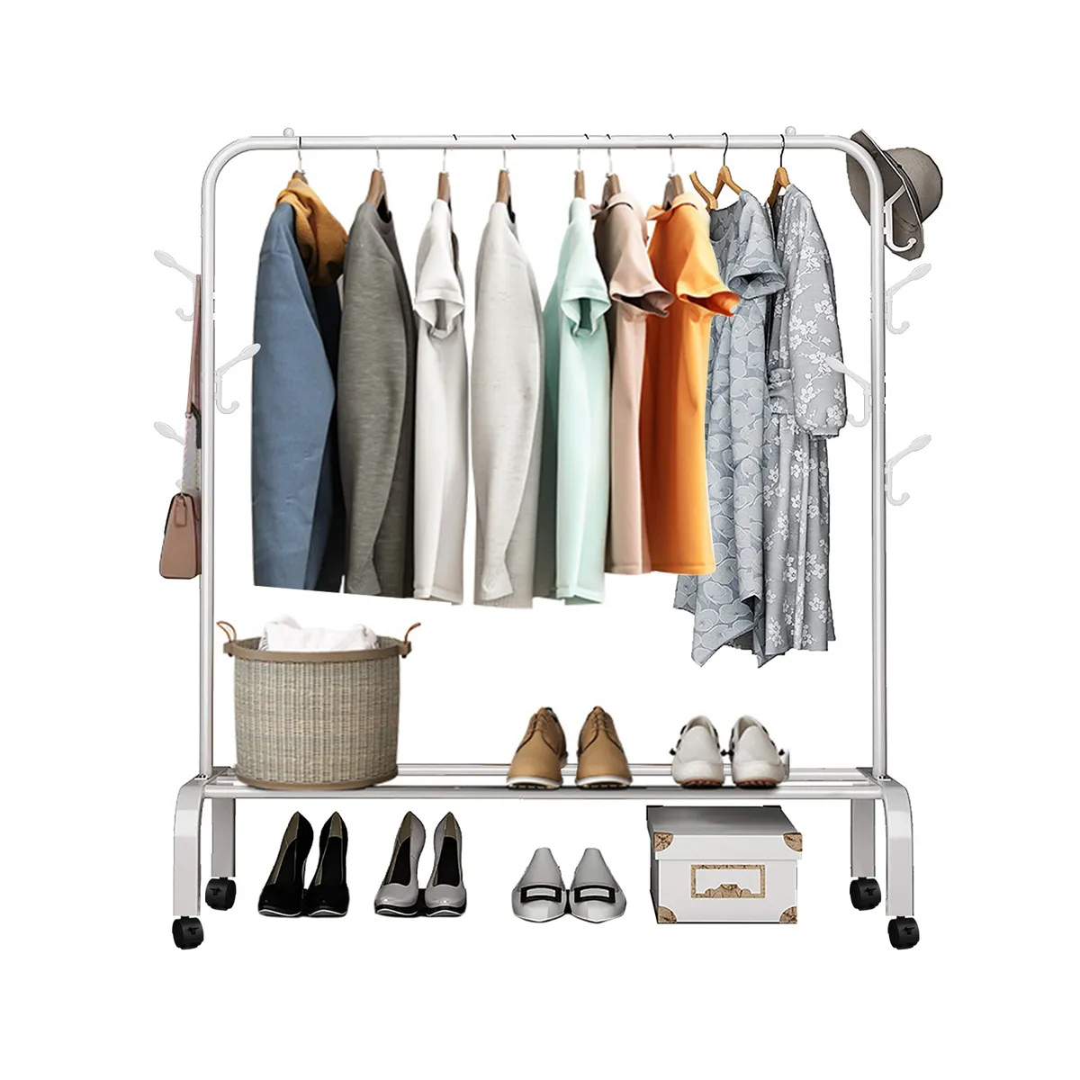 VIDITA - Perchero Organizador Doble Barra con Ruedas y Repis Blanco