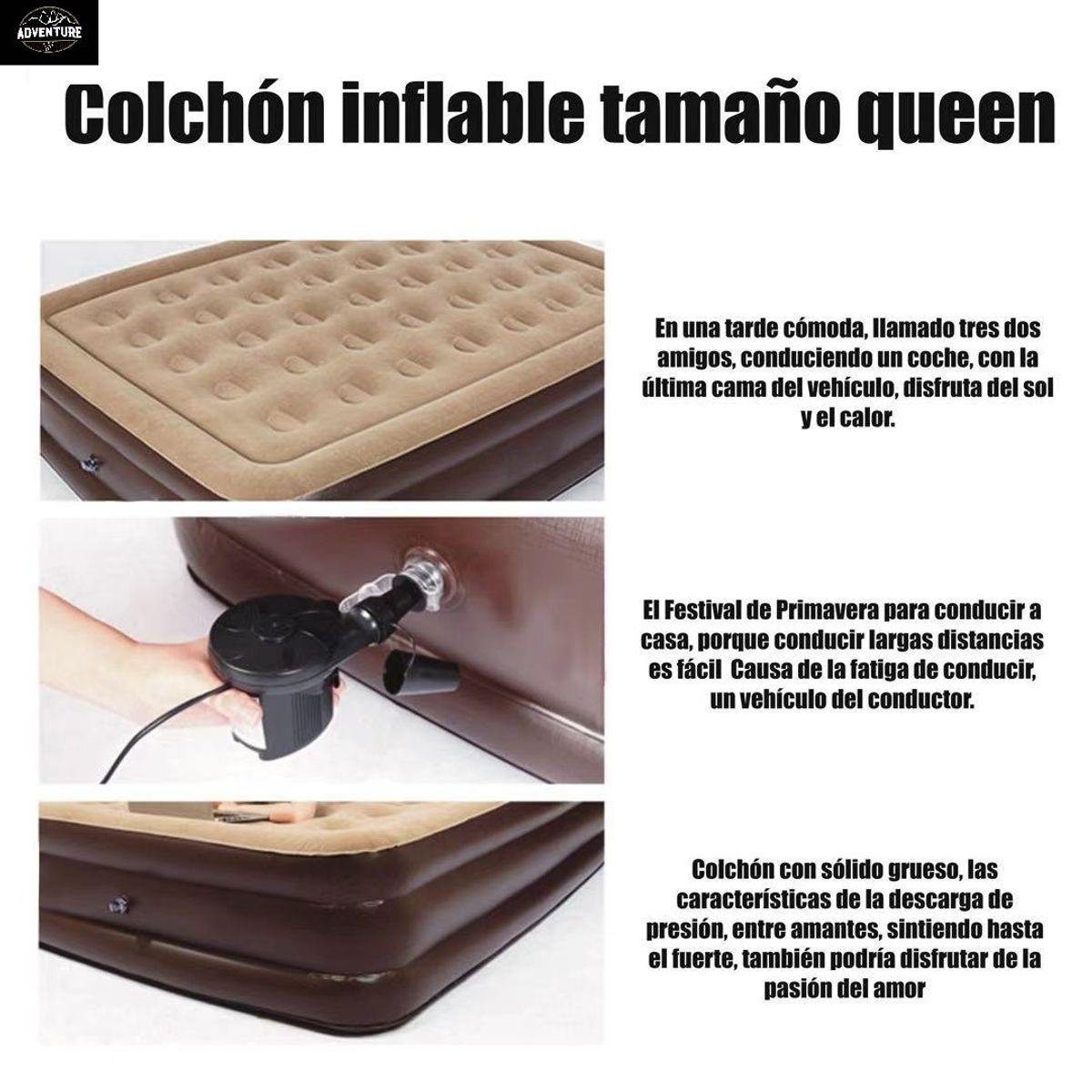 AFVENTURA - Colchón Inflable Eléctrico Queen 2plazas Beige  200x150x43cm