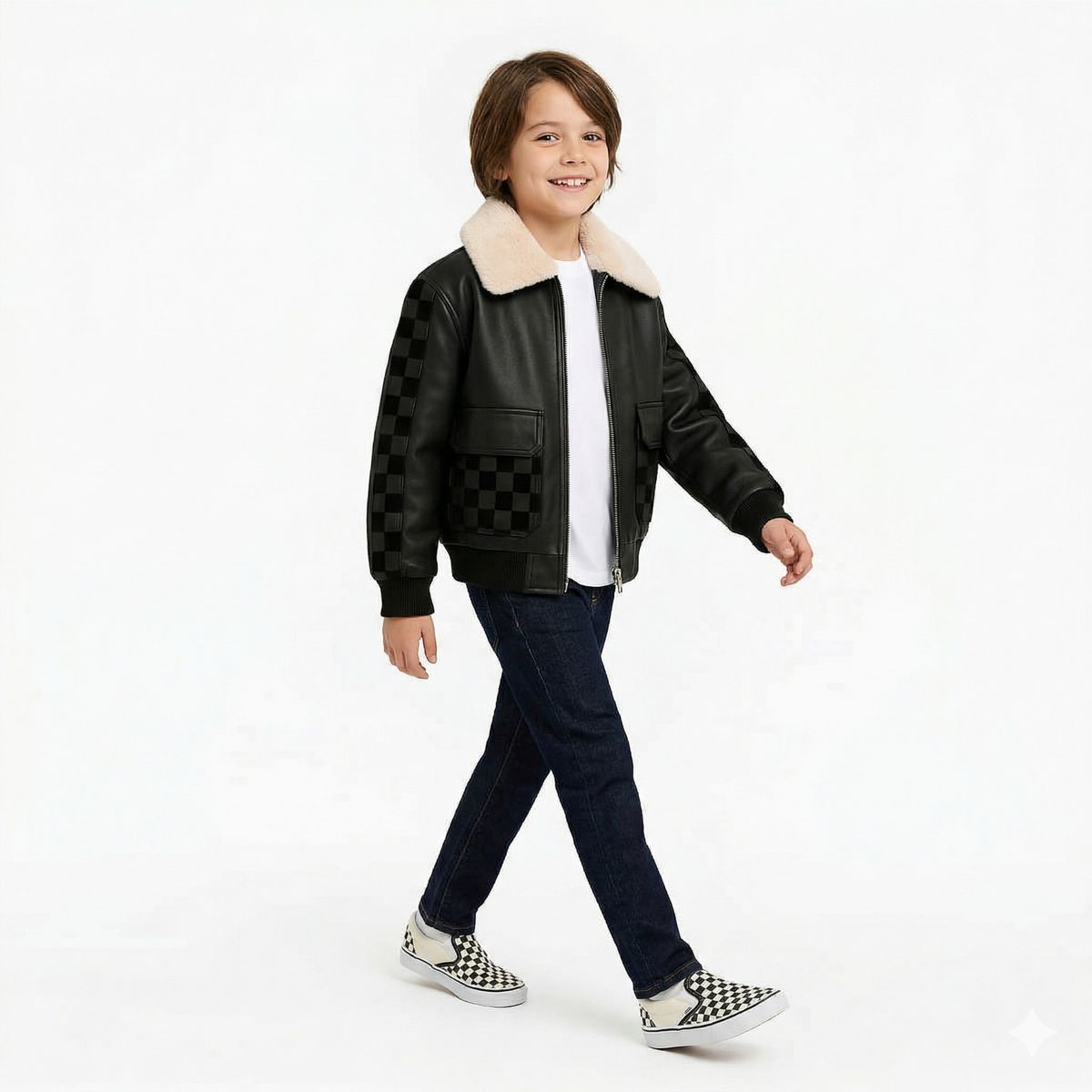 KIBOU - Cazadora De Piel Con Cuello Afelpado Y Grandes Bolsillos