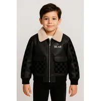 Cazadora De Piel Con Cuello Afelpado Y Grandes Bolsillos