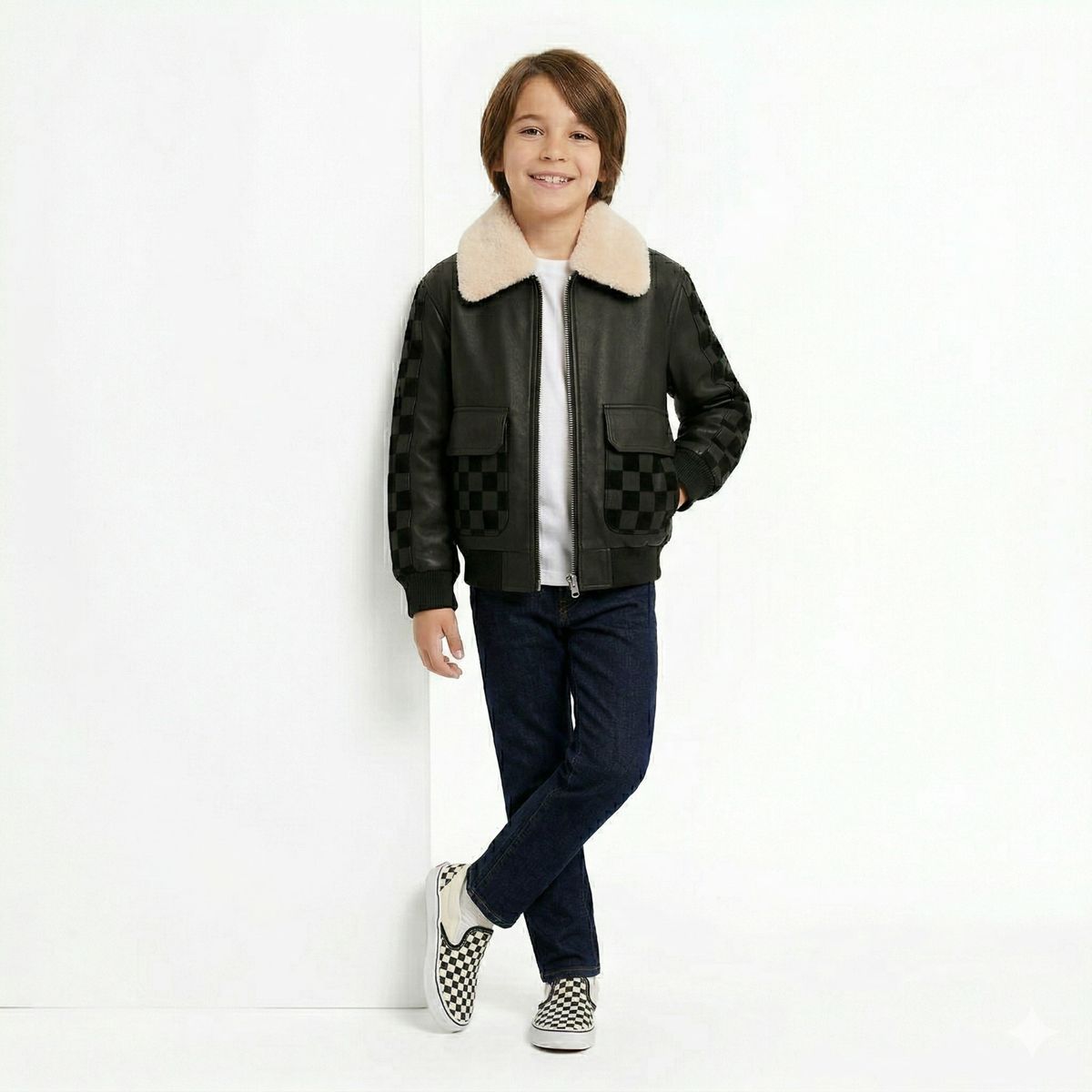 KIBOU - Cazadora De Piel Con Cuello Afelpado Y Grandes Bolsillos