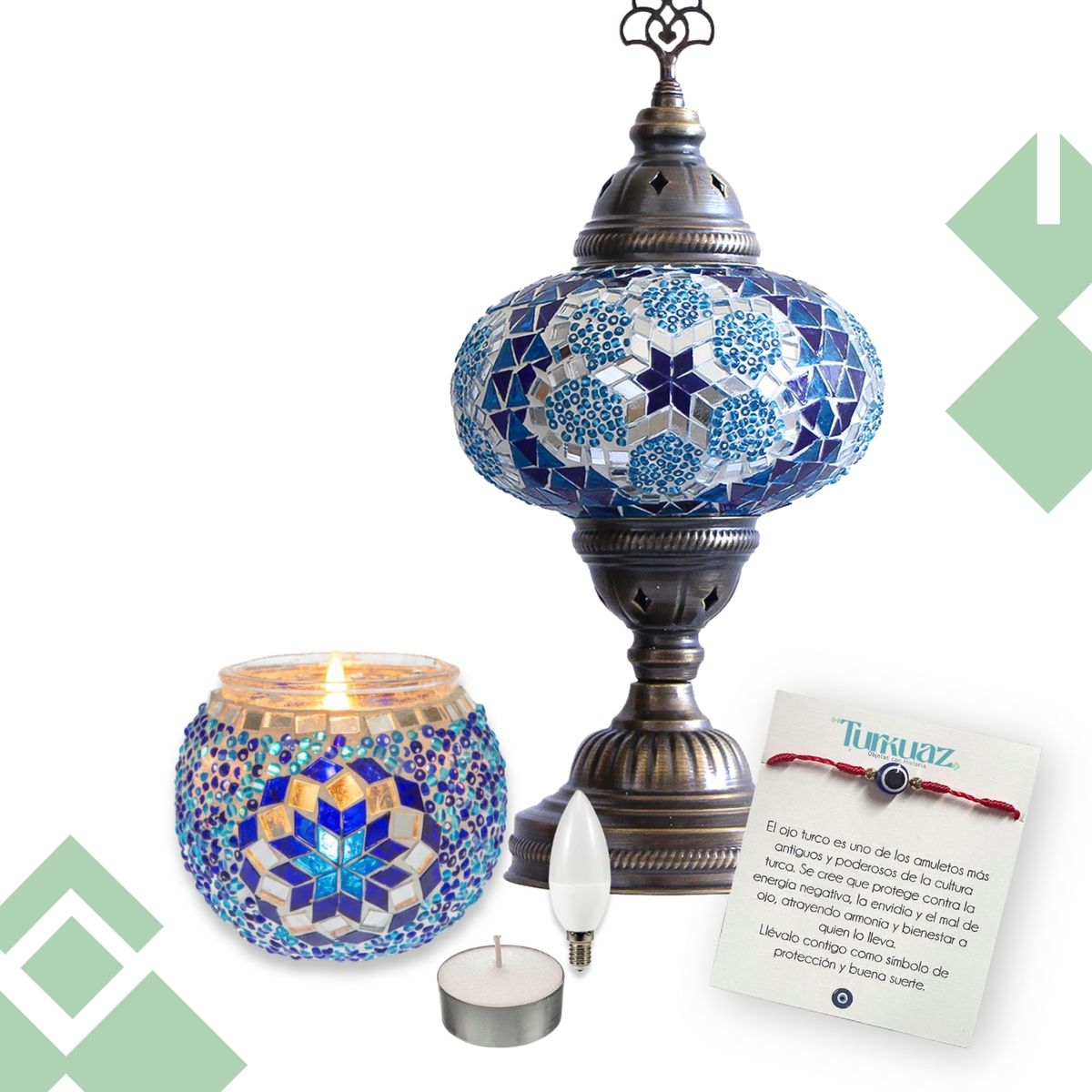 Pack Mavi: Lámpara de mesa M + Portavela + Ampolleta y velita de regalo, marca TURKUAZ - Foto Principal