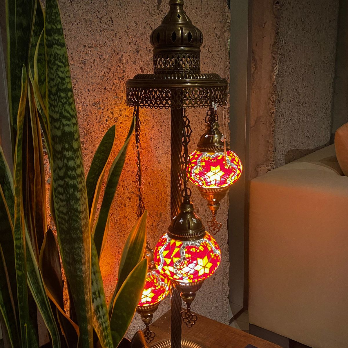 TURKUAZ - Lámpara turca de pie de 3 esferas S Cicek naranja