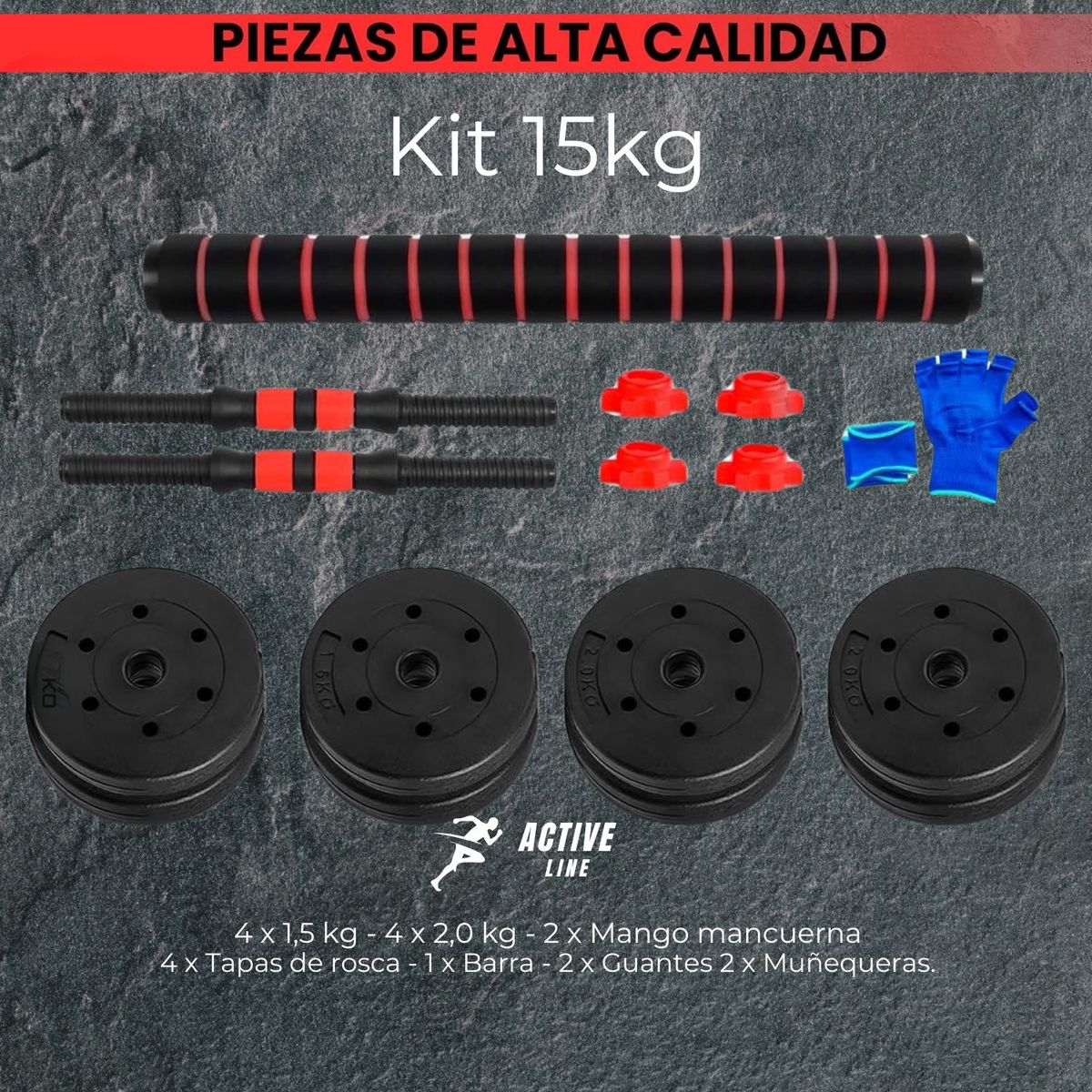 HAZ TU CLICK - Set De Mancuernas Unibles De 15kg Con Barra De Extensión