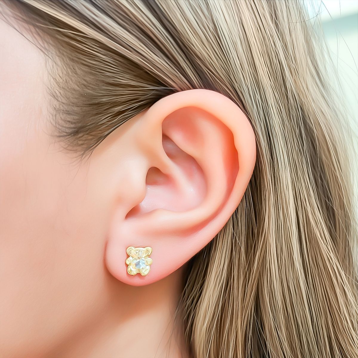 COGGIOLA - Aros Bebé Niña Oso Circón Blanco Enchapado Oro 18K