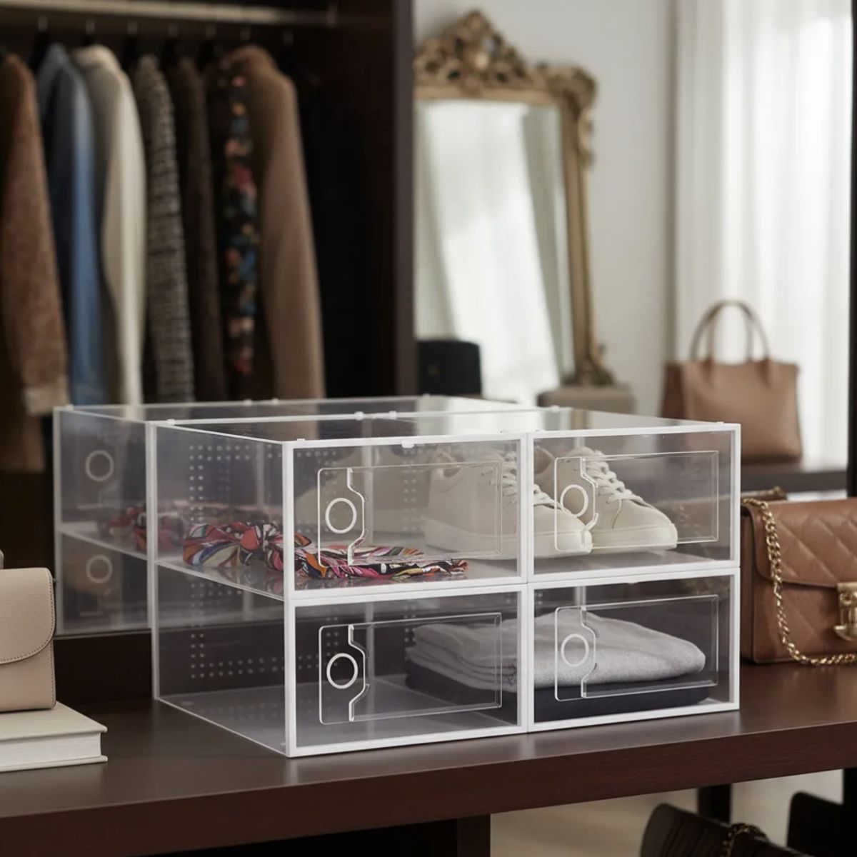 MOMO - Caja Organizadora De Zapatos Apilables Set 4 Unidades Color blanco o negro