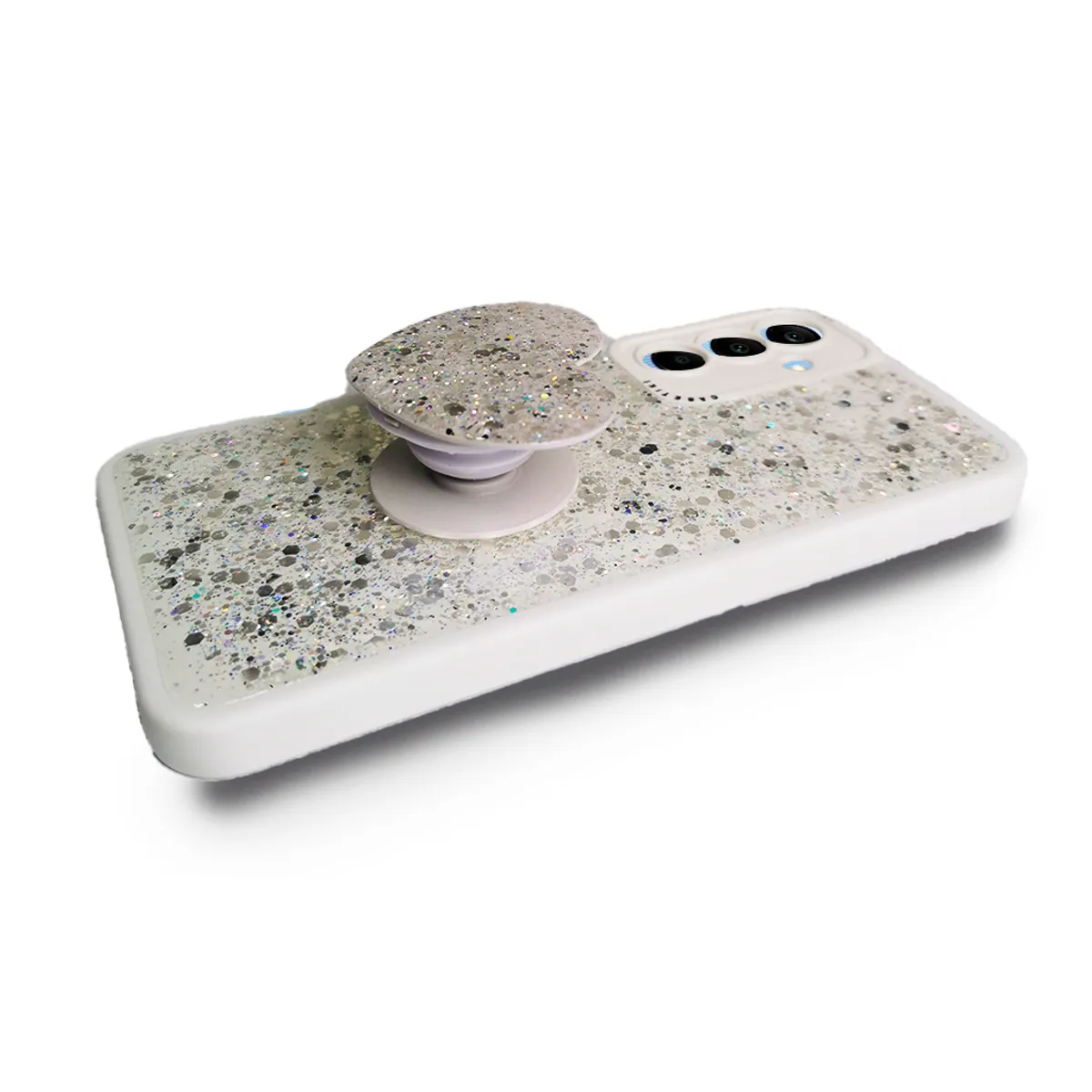 GENERICO - CARCASA PARA SAMSUNG A15 GLITTER INCLUYE POP SOCKET COLOR BLANCO