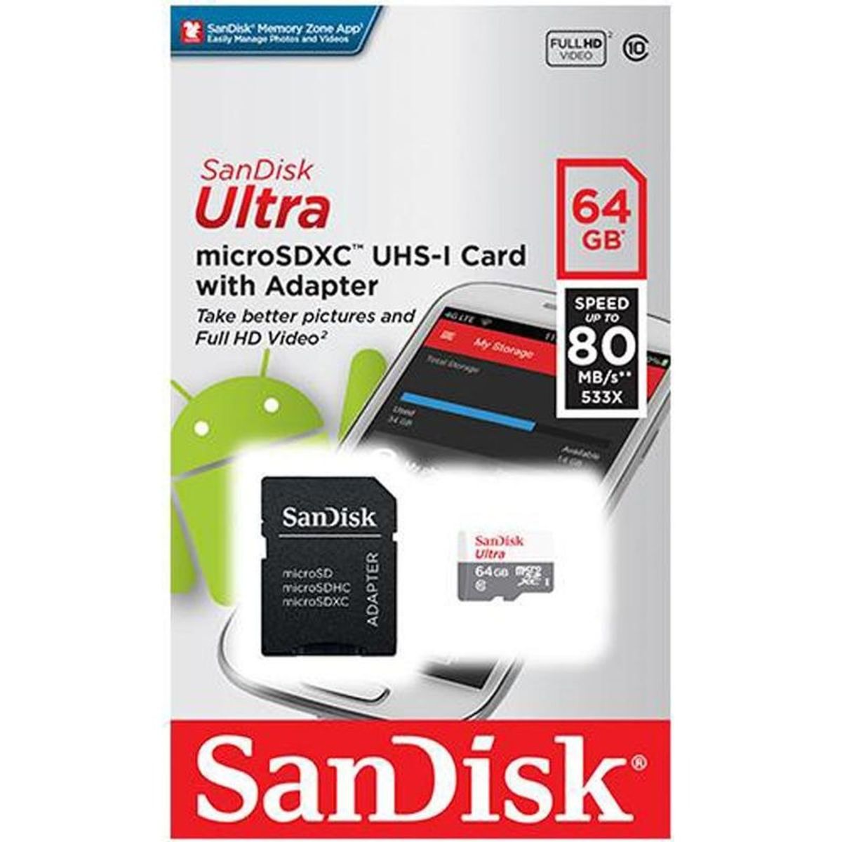 SANDISK - Memoria Micro Sd Sandisk Ultra 64gb clase 10 + adaptador