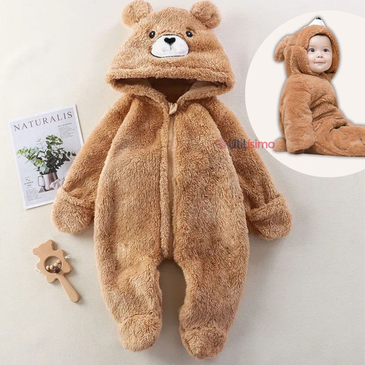 JUMP KIDS - Enterito Oso Con Capucha Bebe Polar Marrón