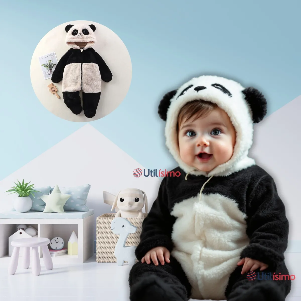 JUMP KIDS - Enterito Panda con Capucha Bebe Polar Blanco y Negro