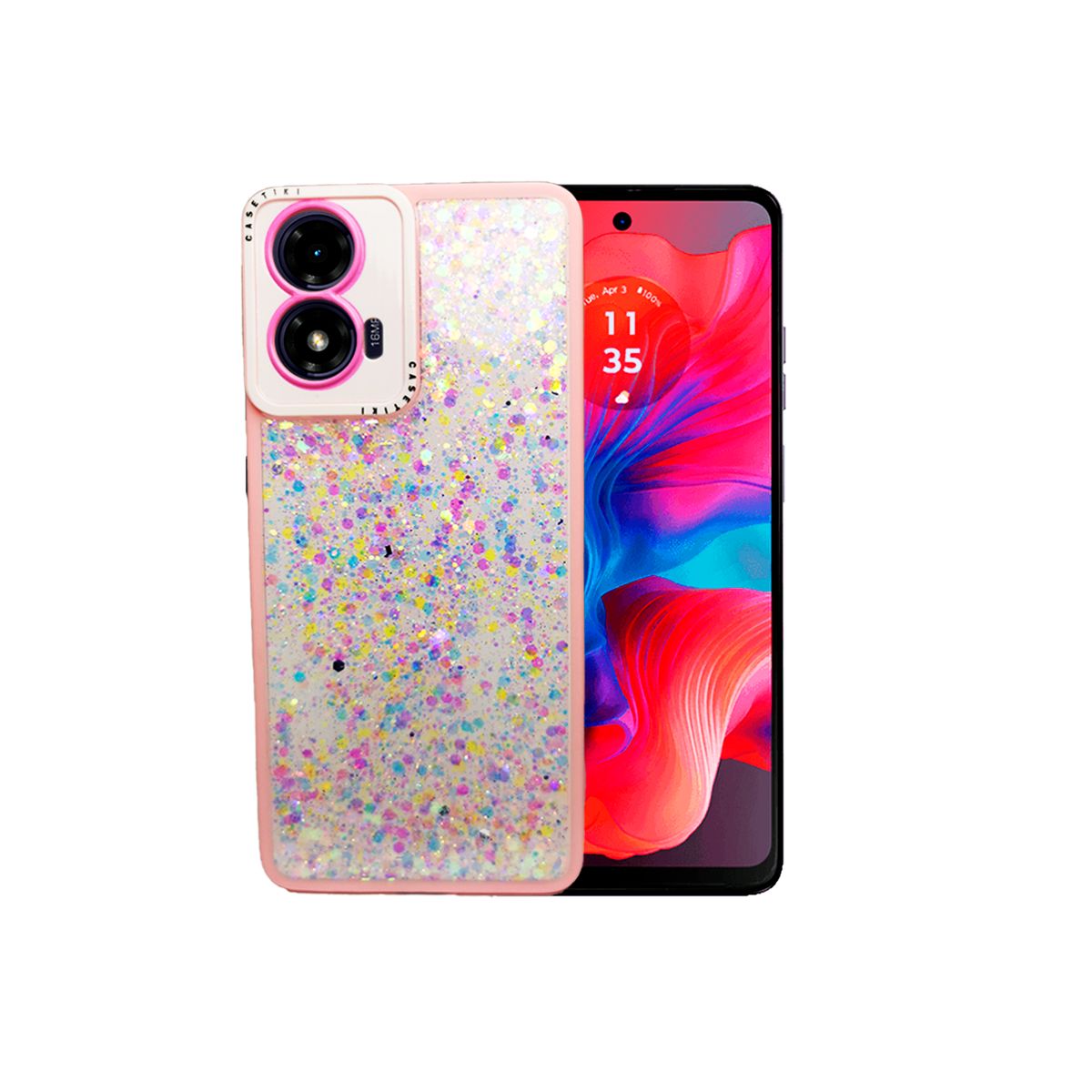 GENERICO - CARCASA PARA MOTOROLA G04 GLITTER INCLUYE POP SOCKET COLOR ROSA