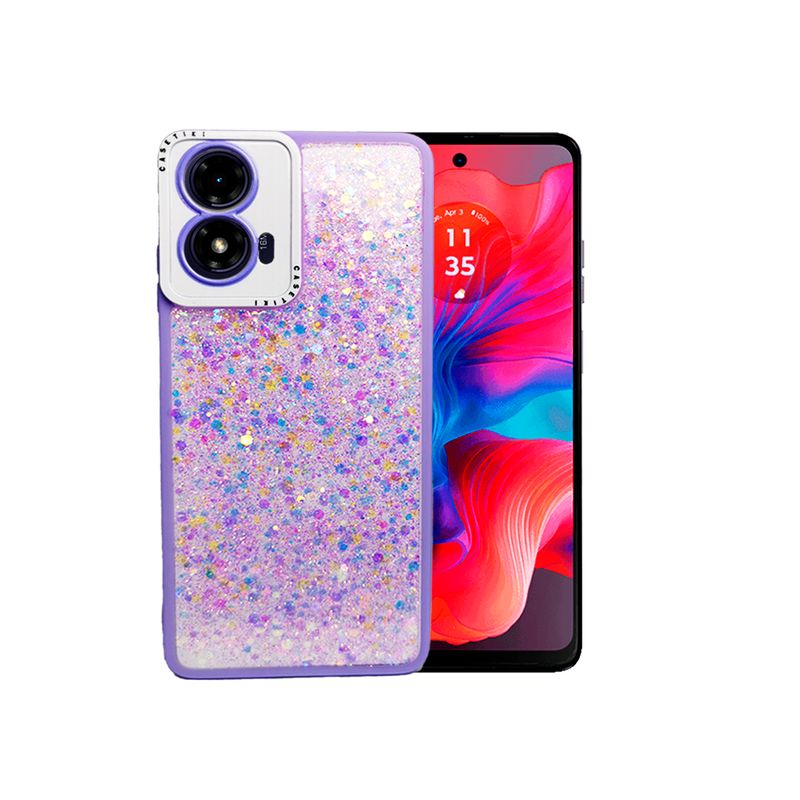GENERICO - CARCASA PARA MOTOROLA G04 GLITTER INCLUYE POP SOCKET COLOR LILA