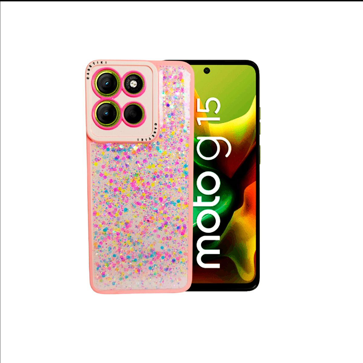 GENERICO - CARCASA PARA MOTOROLA G15 GLITTER INCLUYE POP SOCKET COLOR ROSA