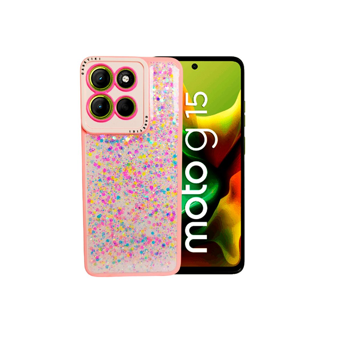 GENERICO - CARCASA PARA MOTOROLA G15 GLITTER INCLUYE POP SOCKET COLOR ROSA
