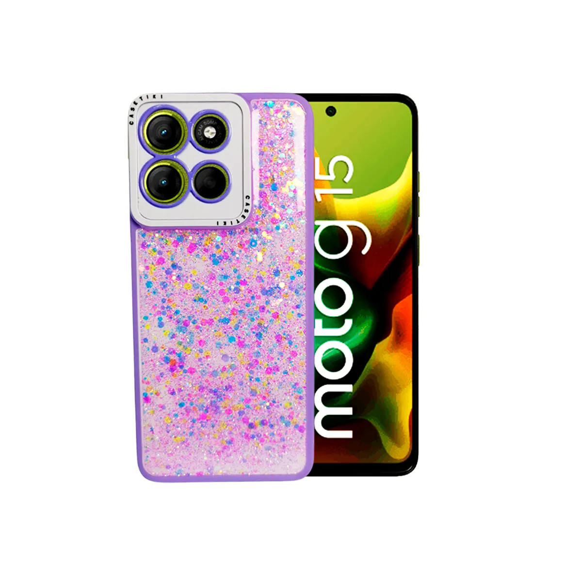 GENERICO - CARCASA PARA MOTOROLA G15 GLITTER INCLUYE POP SOCKET COLOR LILA