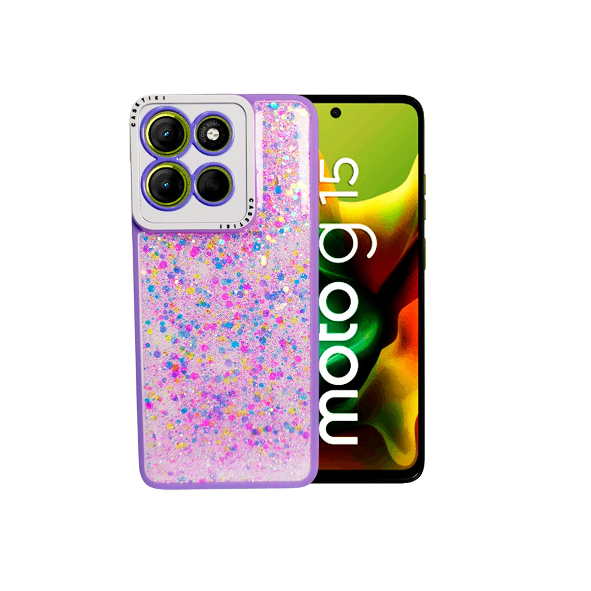 GENERICO - CARCASA PARA MOTOROLA G15 GLITTER INCLUYE POP SOCKET COLOR LILA